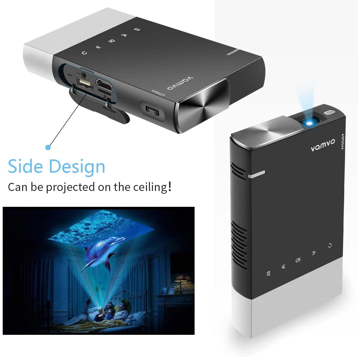 2020 Upgrade Mini Projector, Vamvo Ultra Mini Portable Projector 1080p  Supported HD DLP Rechargeable Pico Projector with HDMI, USB,Supports phone  