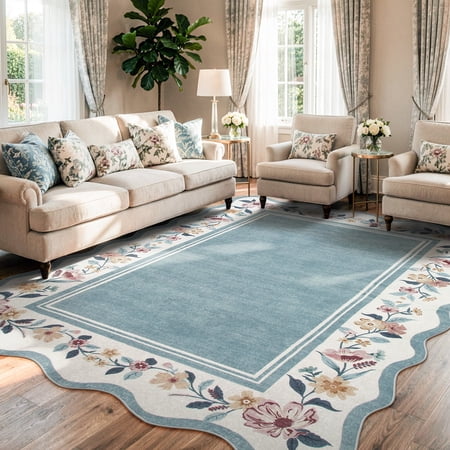 Condition photo showing New/Like New for lahome washable 9 x12  scalloped area rug  blue boho floral rugs for living room  non-slip low-pile vintage distressed carpet for bedroom dining room office  large rug  blue