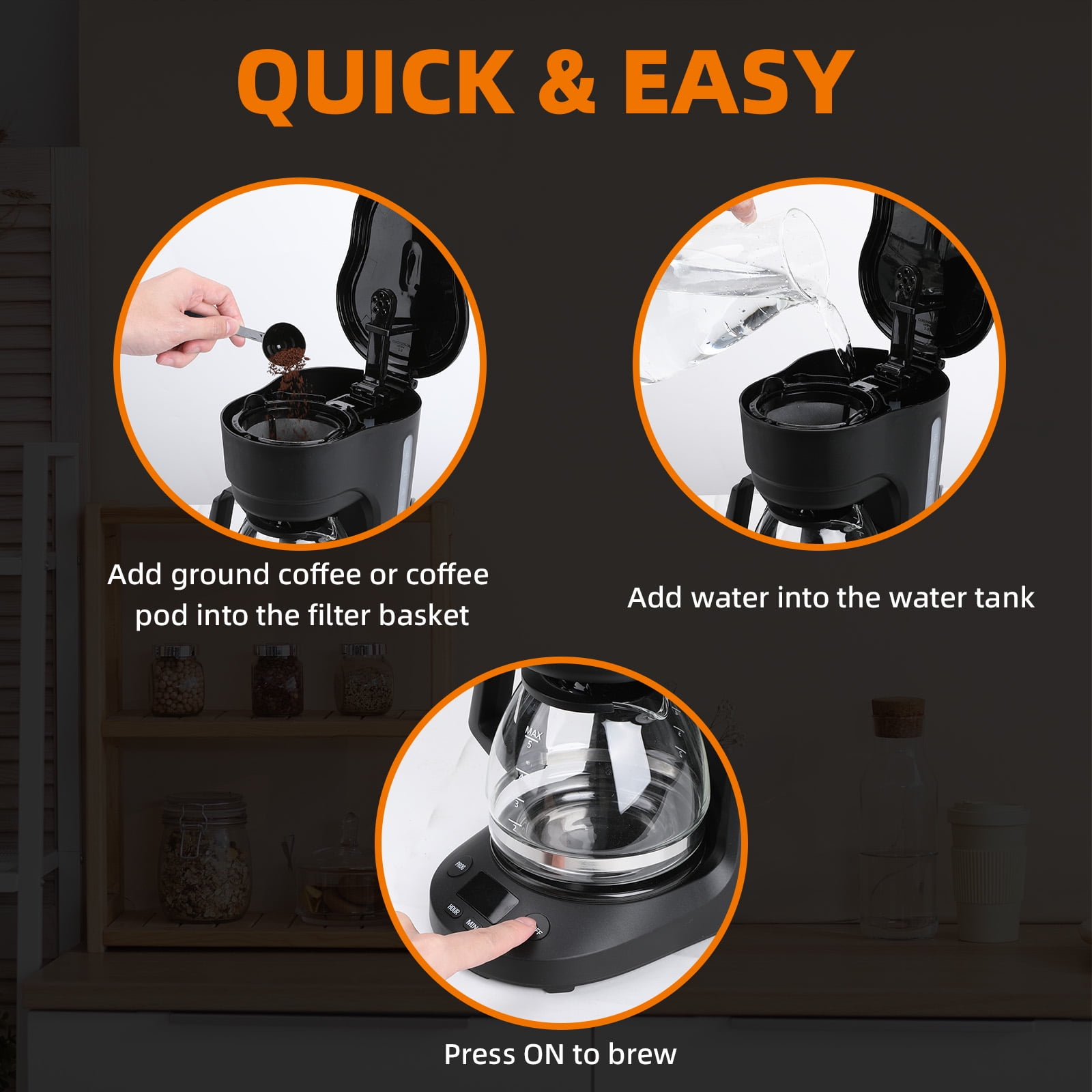 KNDKO 5-Cup Coffee Maker, 700W Quick-Heating Coffee Machine with 2-Hours Keep Warm & Timing Function, Glass Carafe(0.75L)