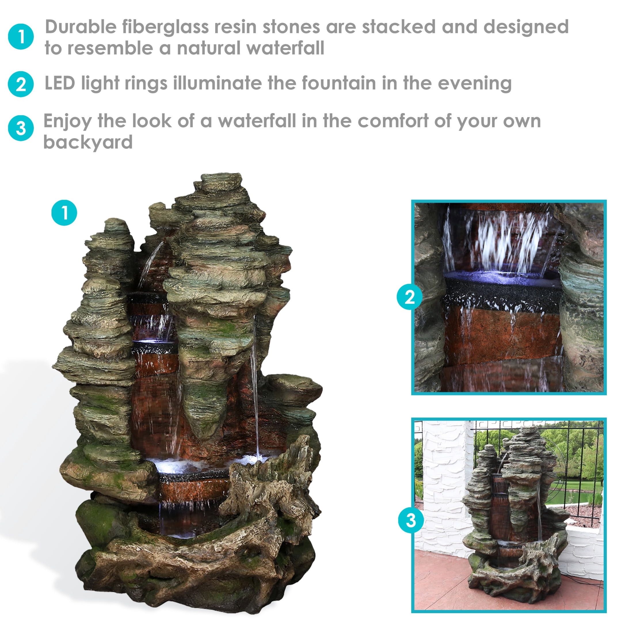 Sunnydaze Flat Rock Summit Polyresin Outdoor Water Fountain with Lights