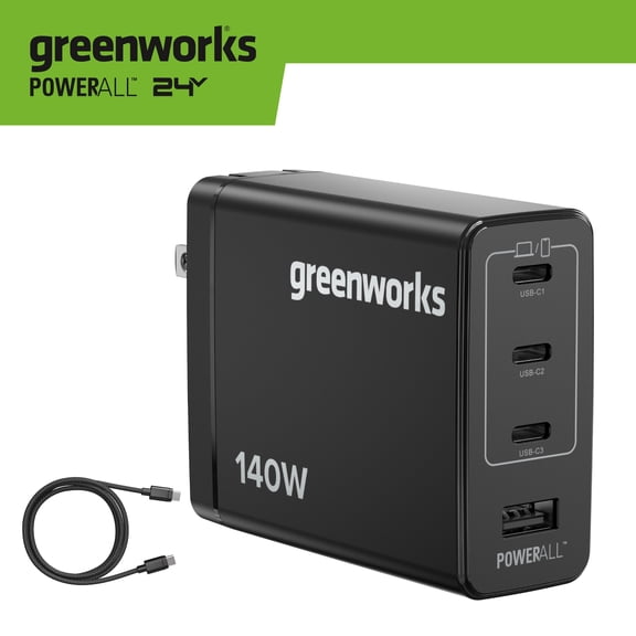 Greenworks 24V Charger Set 140W USB-C Charger Block, (2) 3.3' 100W USB-C Cables, PowerAll, AP140AAA1
