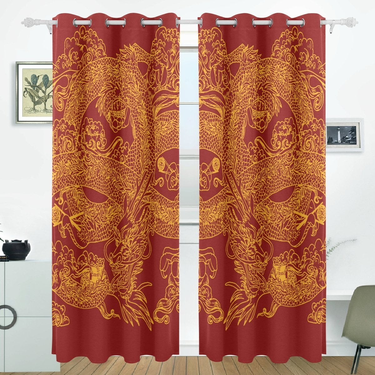 Dragon Curtains Historic Asian Creature Window Drapes 2 Panel Set 108x84 Inches 