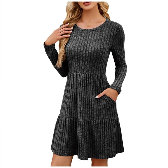 ZHYou Womens Dresses Long Sleeve Ribbed Knit Tiered Mini Dress Crew Neck Stretchy Flared Hem Casual Chic Dresses,Dark Gray,L