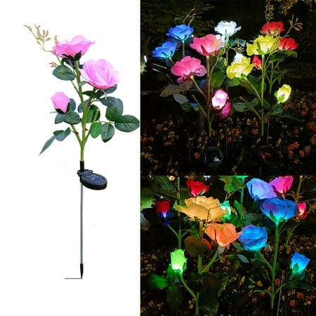 Buodes Deals Clearance Under 5 Solar Garden Lights - Solar Outdoor Lights With Beautiful & Realistic Rose Flowers - 7 Color Changing Solar Lights Outdoor For Yard Garden Decoratio