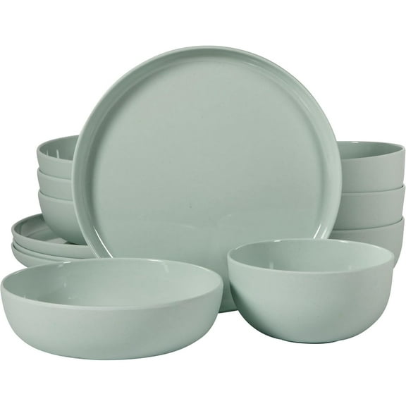 12 Piece Unbreakable Wheat Straw Melamine Plates and Bowls Dinnerware Set - Outdoor, Camping, & Everyday Use - Matte Exterior/Shiny Interior Green
