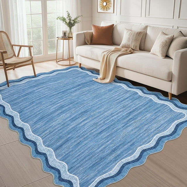 Garvee 9'x12' Scalloped Area Rugs, Washable Rugs Modern Abstract Irregular Rug Print Carpet, Non-Slip Low Pile Distressed Indoor Rugs for Living Room Bedroom Dining Room, Blue