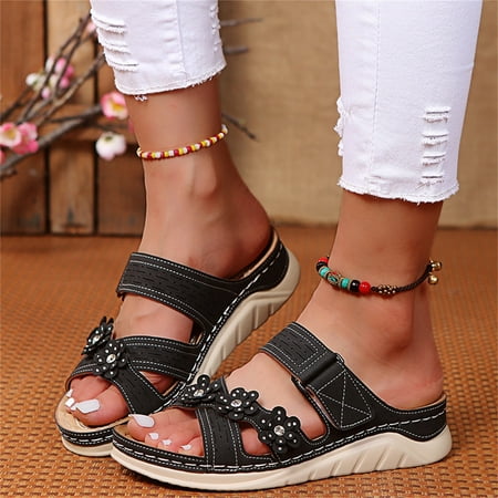 

〖Yilirongyumm〗 Black 37 Sandals Women Fashion Summer Women Sandals Wedge Heel Platform Cross Strap Open Toe Rhinestone Massage Insole Flower