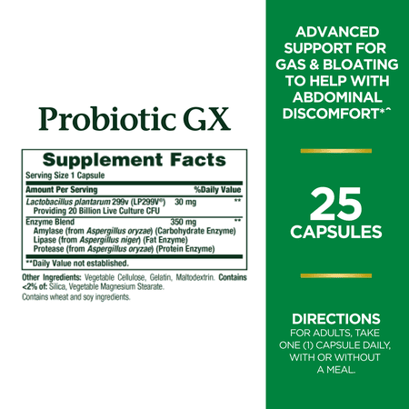 Nature's Bounty Probiotic GX, Gas and Bloating Capsules Helps with Digestive Health, 25 Ct