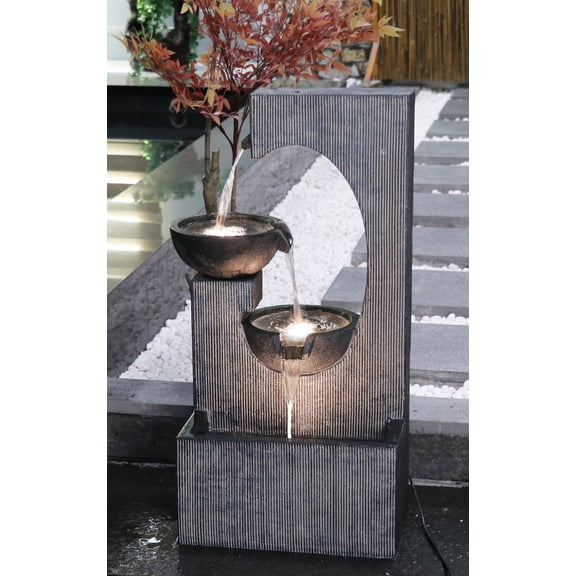 Hi-Line Gift LED Lights Semi-Circle Tiered Fountain Resin with Warm White LEDS, Gray