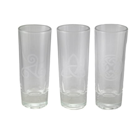 - Set of 3 Celtic Style Etched Glass Art Tall Shot Glasses