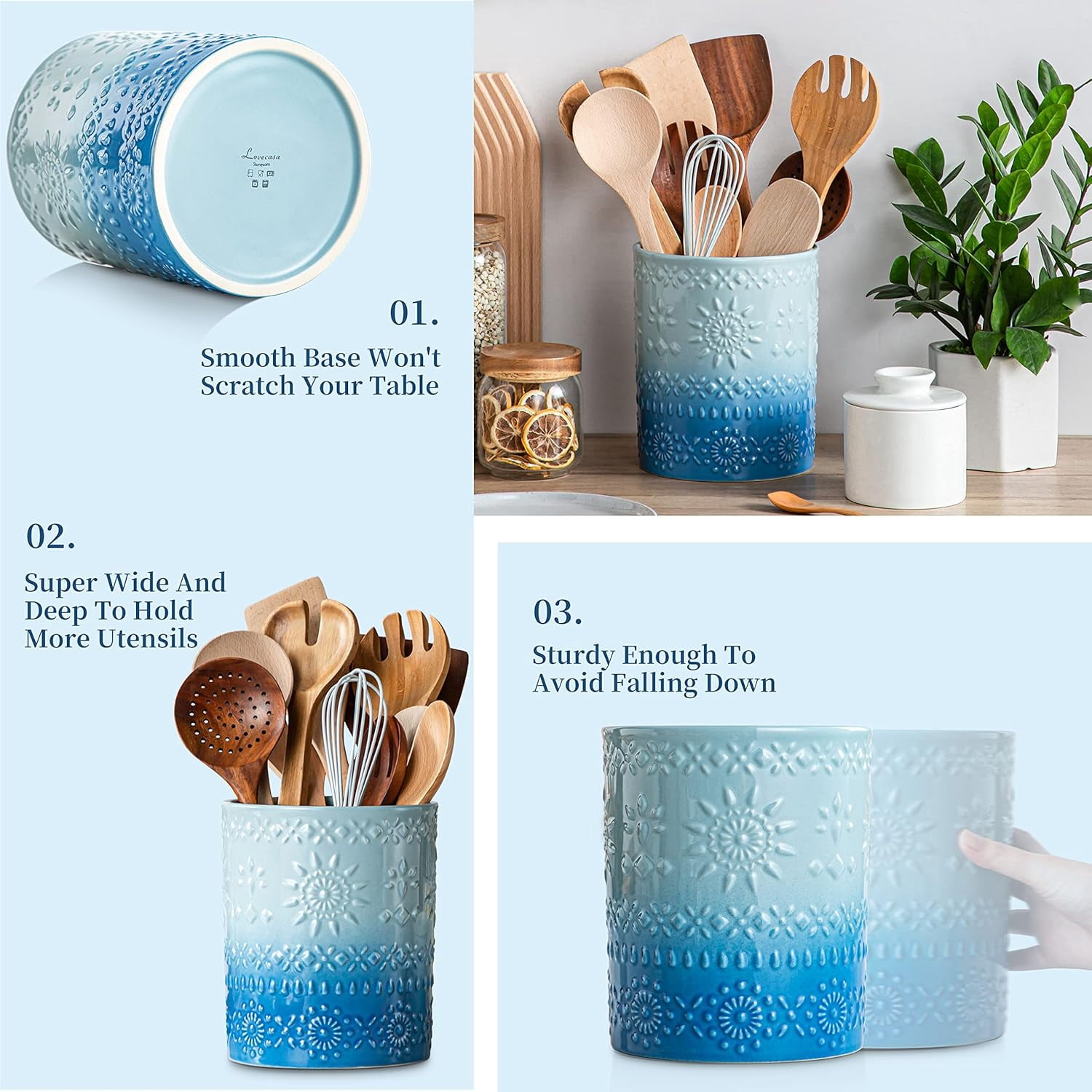 KitchenKey Extra Large Kitchen Utensil Holder, 7.2" Ceramic Farmhouse Utensil Holder For Kitchen Décor Countertop With Heavy And Sturdy Base, Utensil Crock Organizer, Blue
