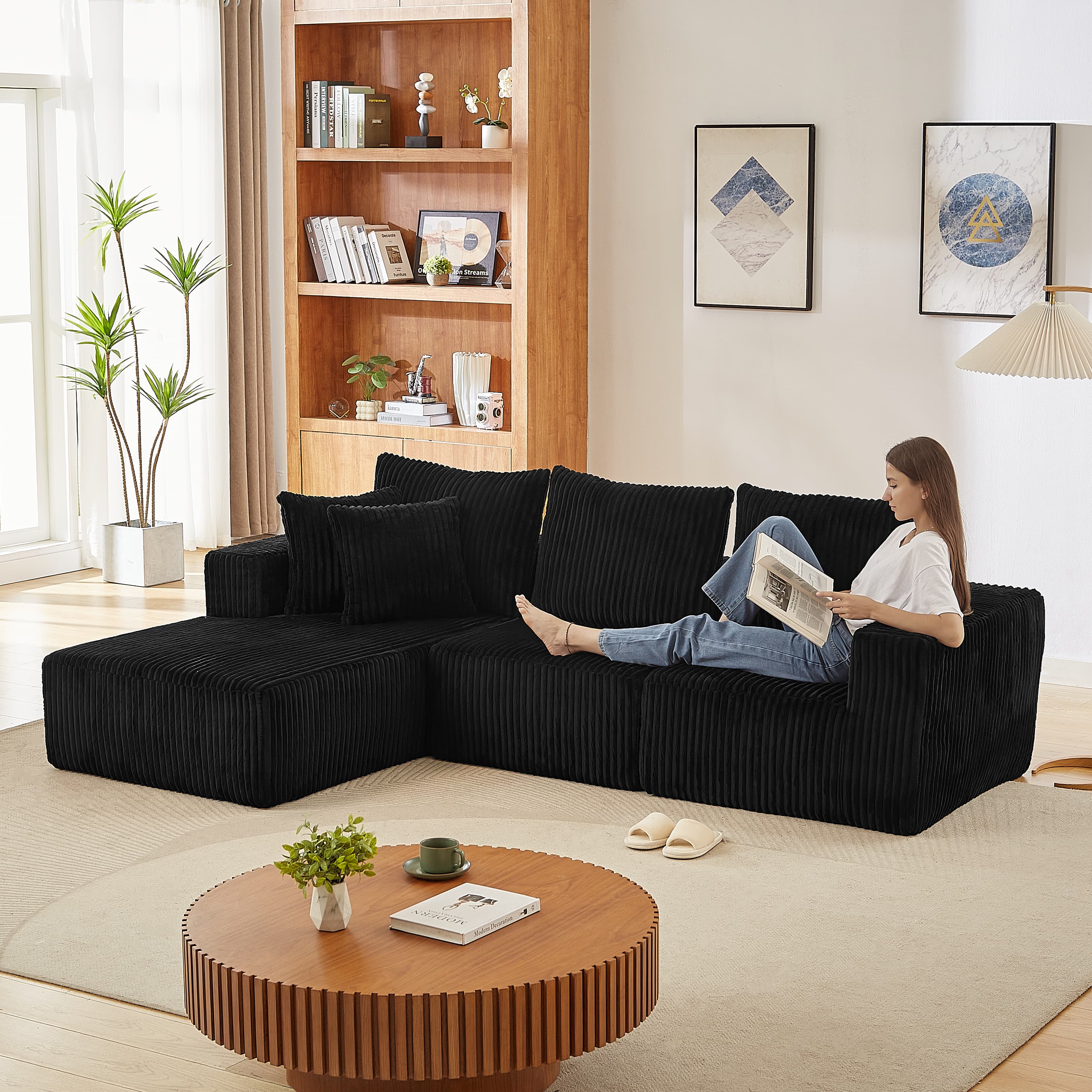 MAYEERTY Corduroy Cloud Sectional Sofa with Deep Seat, Modern Modular Couches for Living Room, 103*66*24"Black