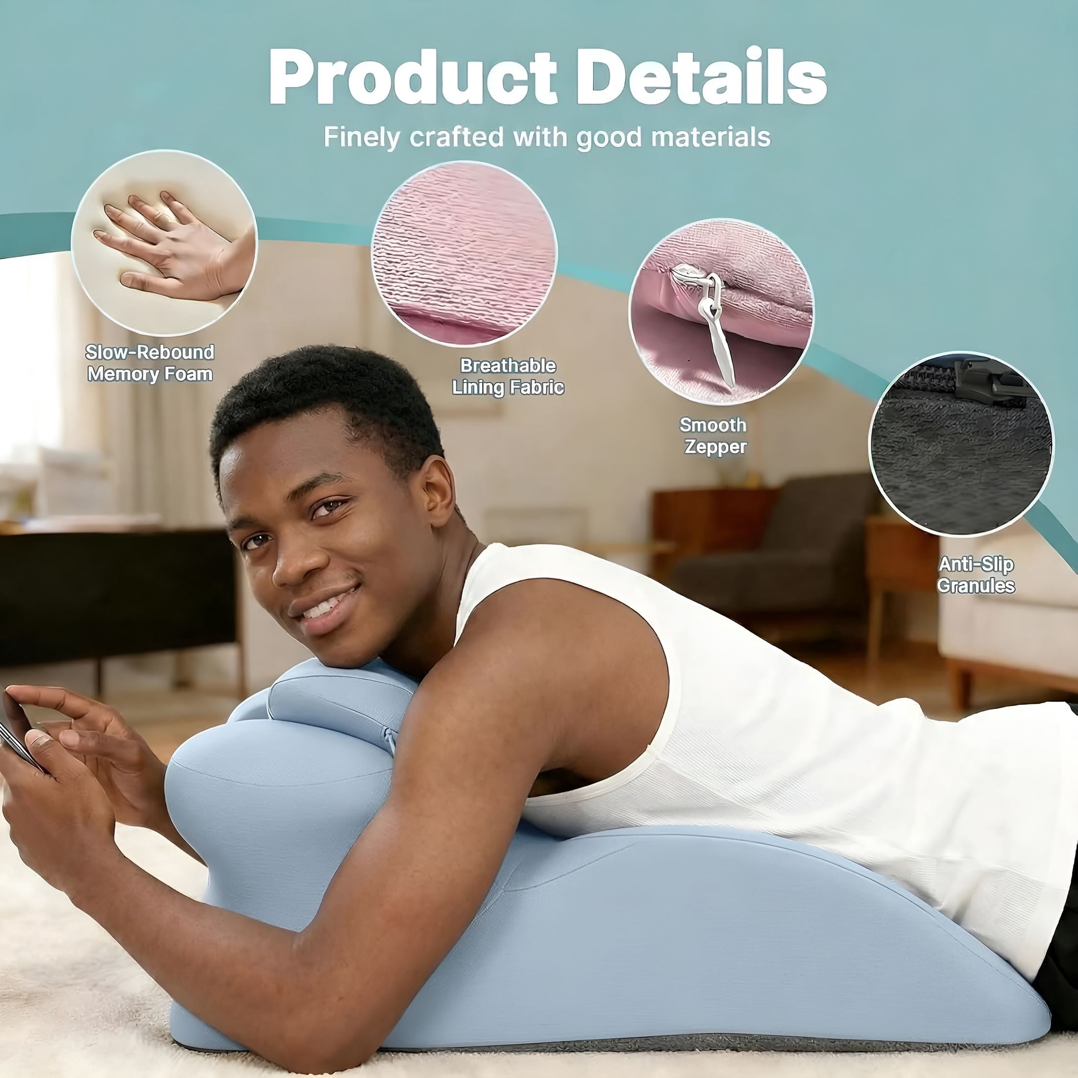 XIBUFE Contoured Support Pillows Ergonomic Memory Foam Wedge Pillow,27° Angled Support for Waist and Neck,Multi-Position Support Pillow (Blue)