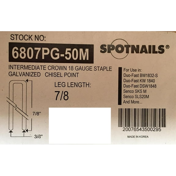 Spotnails 18 Gauge 7/8" Leg x 3/8" Intermediate Crown Galvanized Staples (Pack of 5,000) spotnails-6807pg