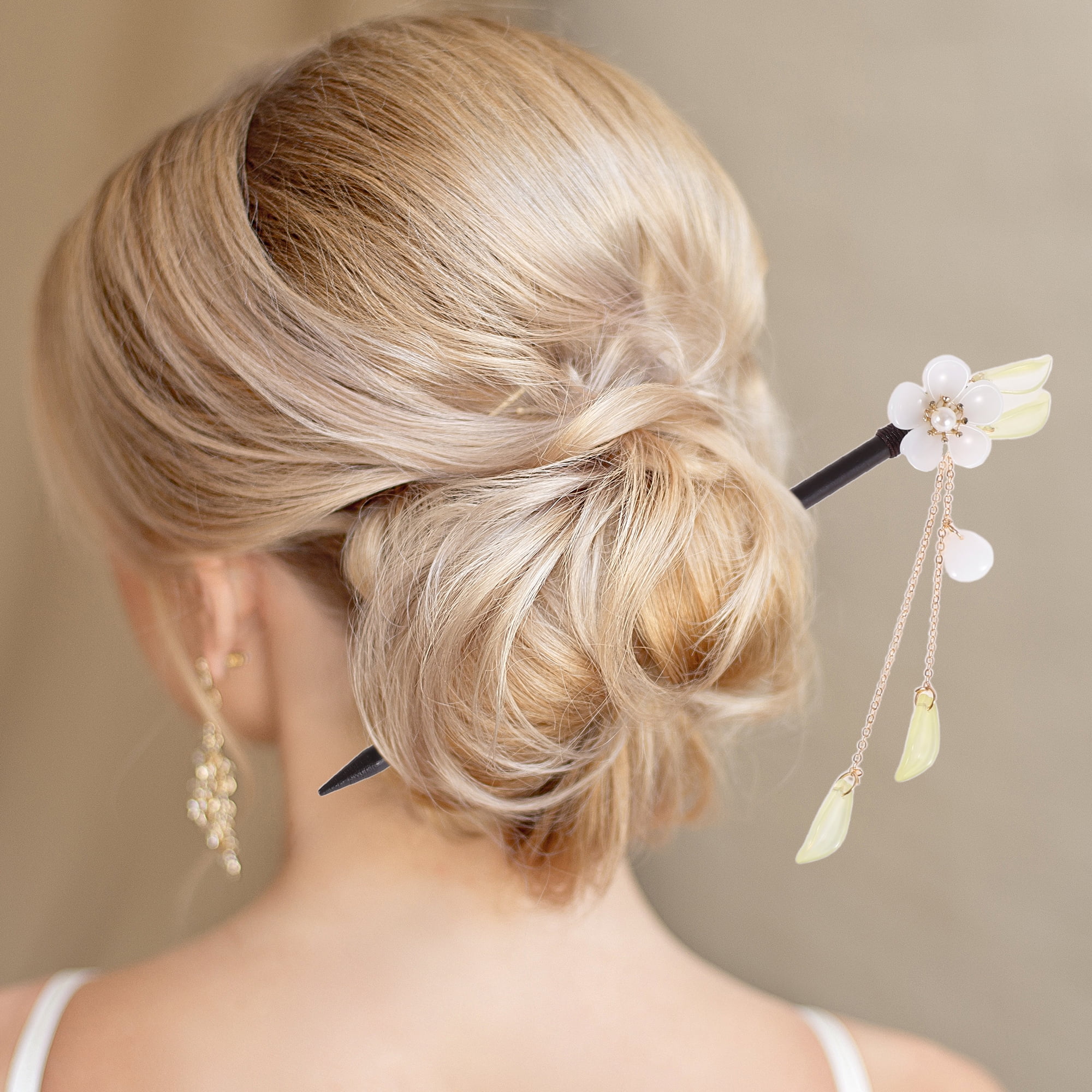 Unique Bargains Hair Stick Pin for Women 1 Pc Black, White [Retro Style Flower Tassel]