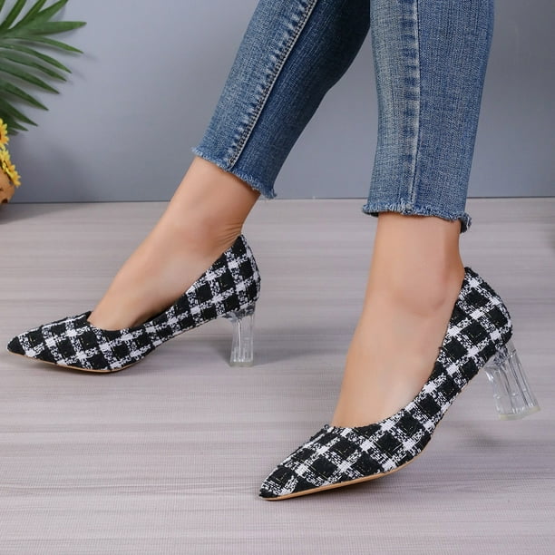 Adult Women Shoes formal Heels Ladies Fashion Plaid Color Patchwork Cloth Top Pointed Thick Heel High Heels Female Shoes Black 7.5 Walmart