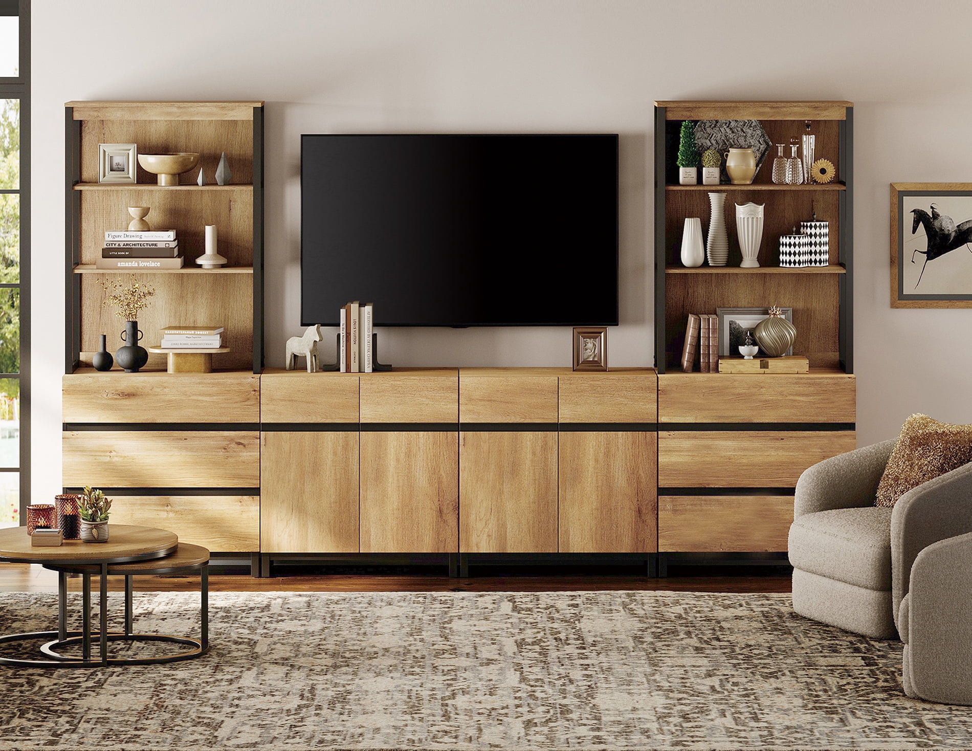 WAMPAT Modern Farmhouse TV Stand with 3-Tier Open Bookshelf, 2 Storage Cabinets & 6 Drawers, Wooden Media Console with Black Metal Legs for Living Room, Oak