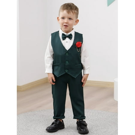 Toddler Boy Clothes Suit 1-6T Boys Formal Dress Shirt + Bowtie +Vest +Boutonniere +Suspender Pants Boys Gentleman Outfits Set