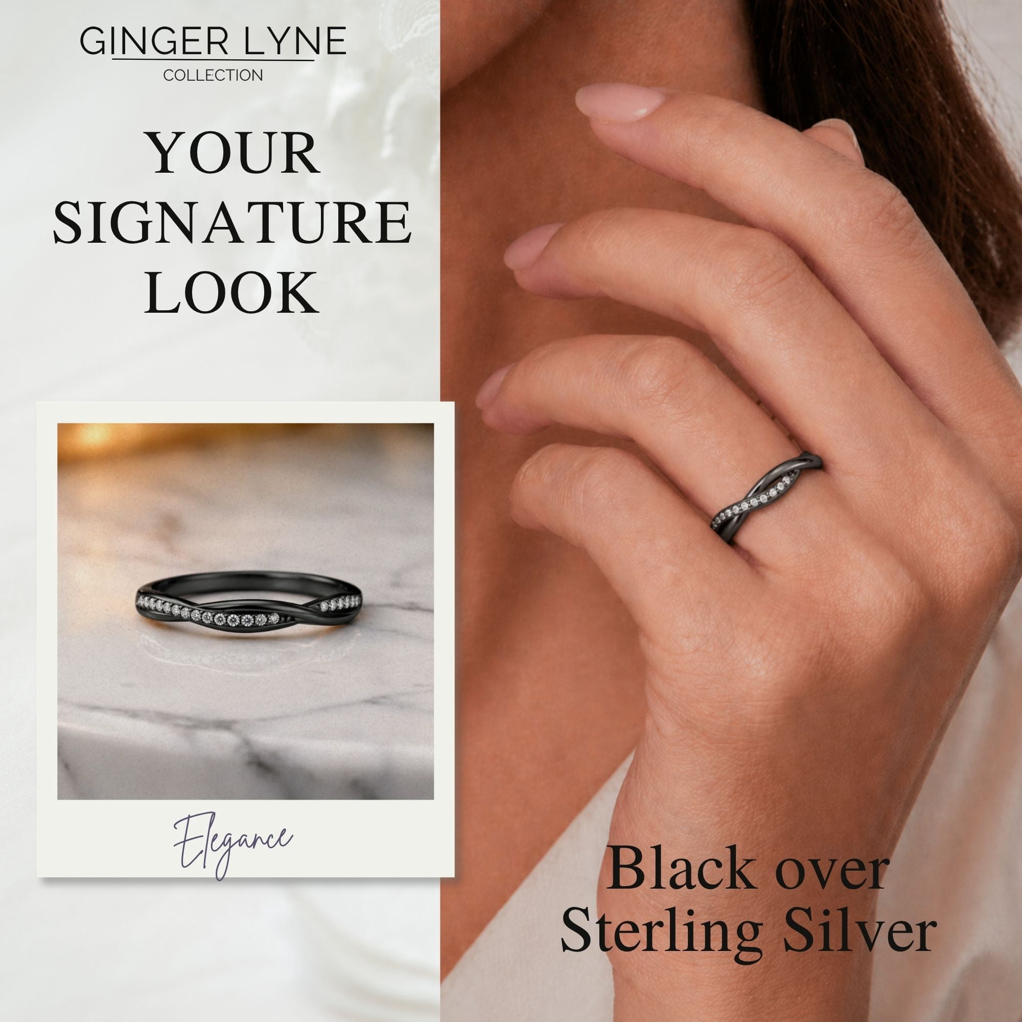 Queena Sterling Silver Black Wedding Band for Women Half Eternity Cz Anniversary Ring by Ginger Lyne Collection