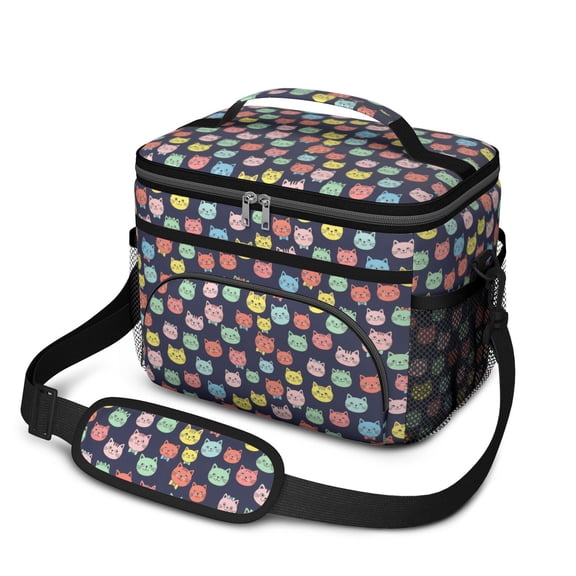 Multicolor Cat Head Blue Pattern Insulated Lunch Box for Women Men, Medium Leakproof Cooler Bag with Adjustable Strap, 10"x6.7"x8"