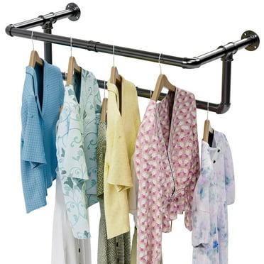 Industrial Wall Pipe Clothing Rack, Wall Mounted Heavy Duty Garment Rack for Hanging Clothes, Clothing Hanging Rods for Closet Storage, Black