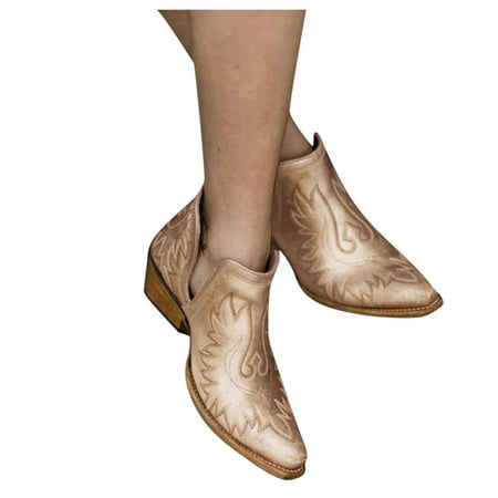 

Boots for Women Zip Up Western Boots Ankle Boots for Women Cowboy Boots for Women Vintage Printed Ankle Boots Womens V Cutout Ankle Boots Pointed Toe Stacked Heel Booties
