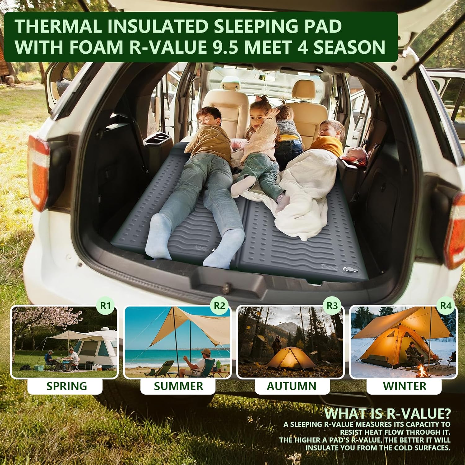 Memory Foam Sleeping Pad, Compact 3 Inch Thick Camping Mattress with Pillow, 9.5 R-Value Insulated Inflatable Sleep Mat for Backpacking Hiking Car Tent