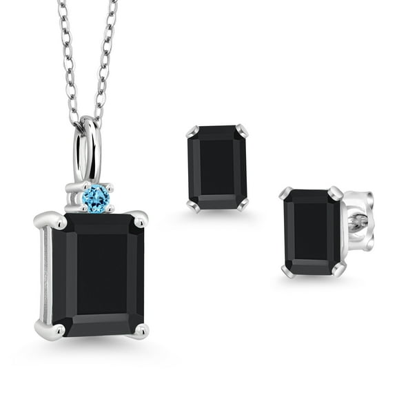 Gem Stone King 3.25 Cttw Black Onyx 925 Sterling Silver Pendant Necklace Earrings Set for Women | Emerald Cut 9X7MM and 6X4MM | Gemstone Birthstone | With 18 inch Chain