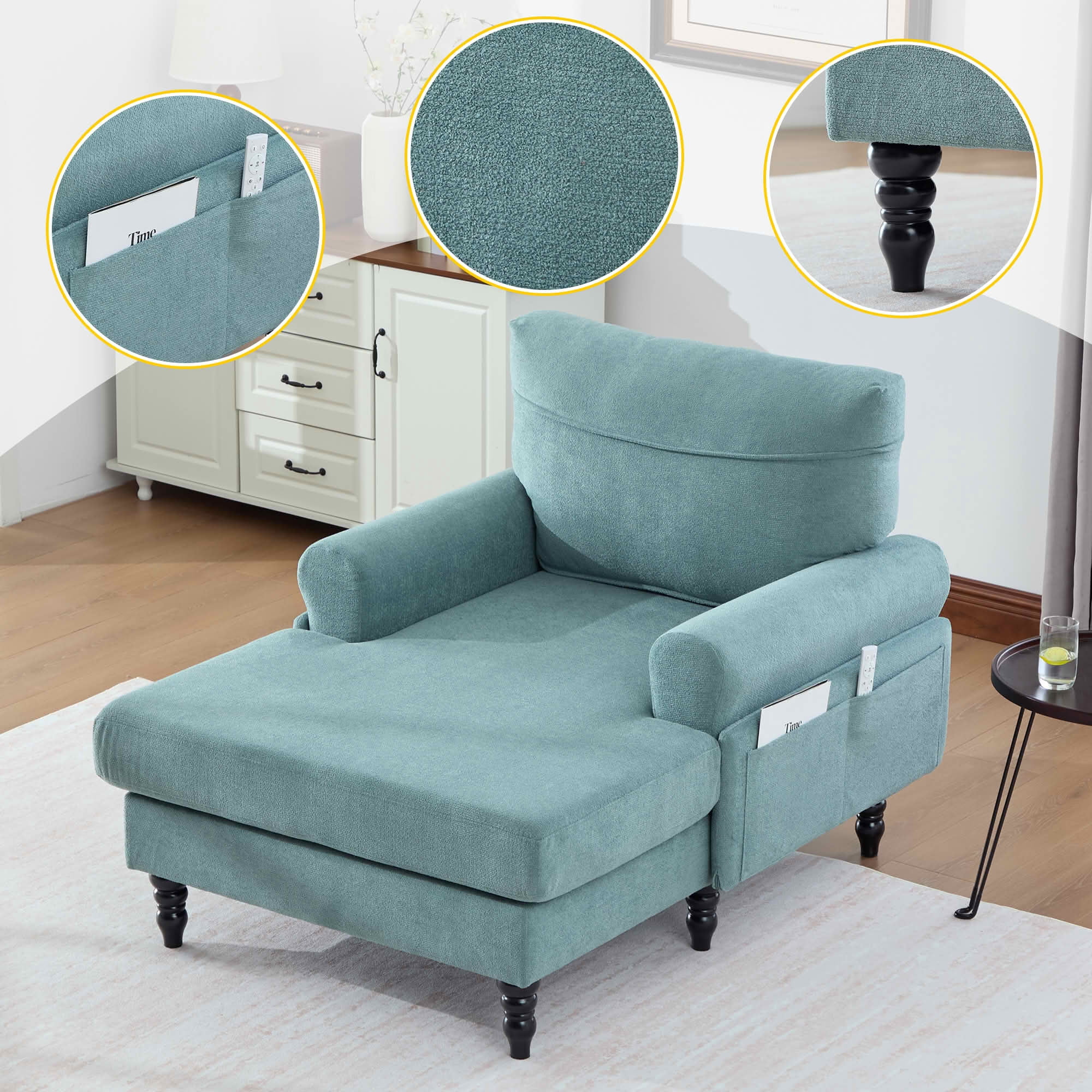 MAYEERTY Modern Minimalist Chenille Chaise Lounge with Armrests & Side Storage Pockets, Wide Seat Single Recliner Sofa with Solid Wood Legs for Living Room Bedroom Office