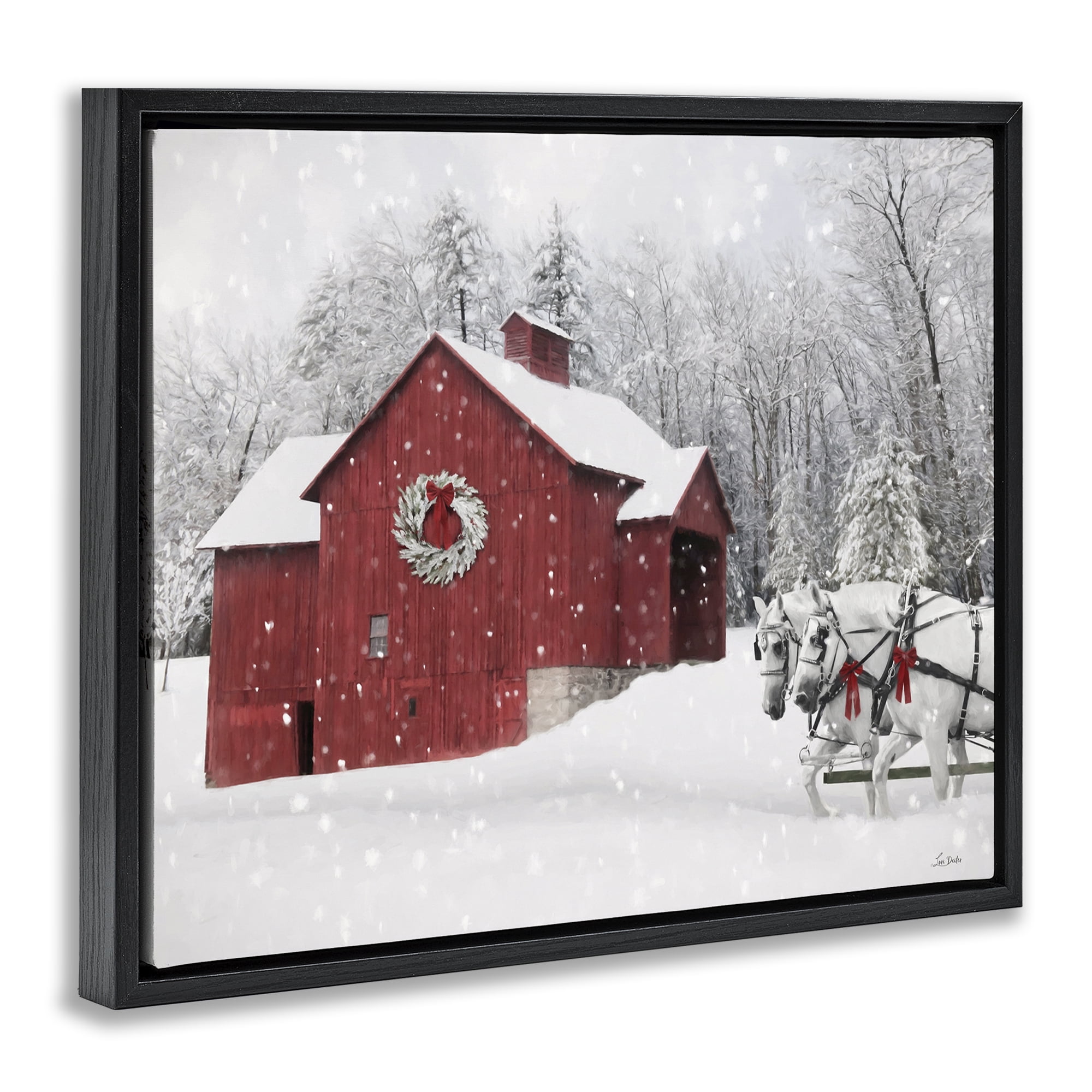 Stupell Industries Snow Covered Red Barn Holiday Painting Black Floater Framed Canvas Art Prints Wall Art, 21 x 17