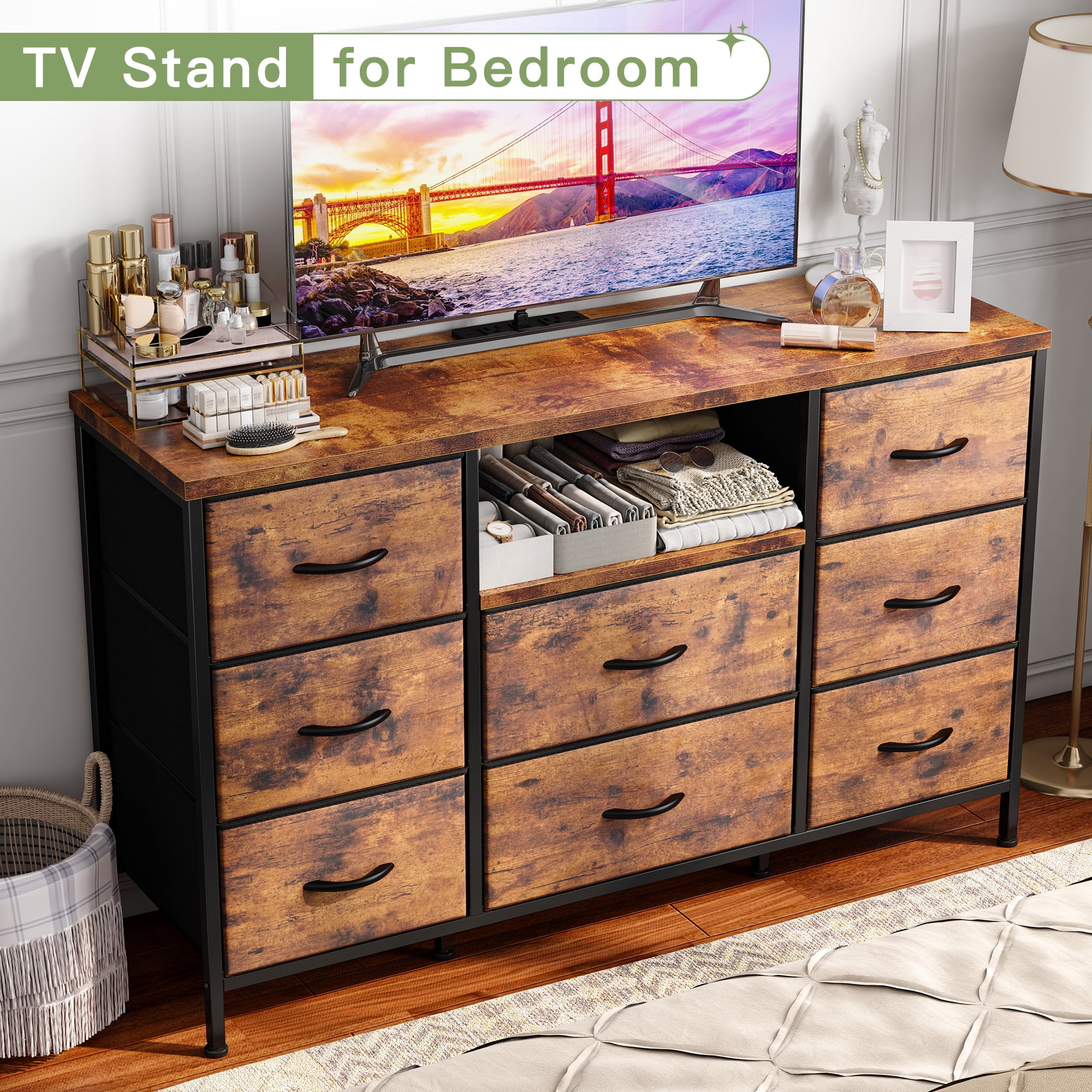 8 Drawers Dresser for Bedroom with Charging Station Fabric Chest of Drawers,Rustic Brown