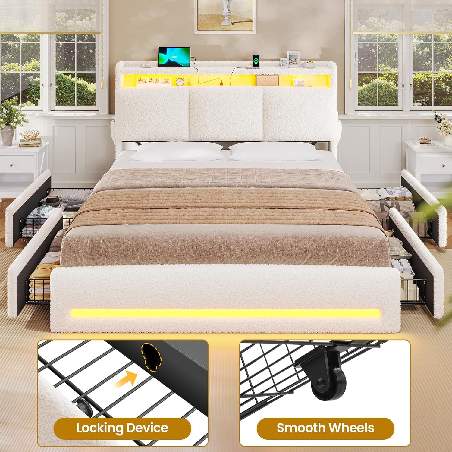 AOGLLATI Boucle Bed Frame Queen Size with Storage Headboard, Charging Station and LED Lights, Upholstered Queen Cloud Bed Frame with 4 Drawers, Soft Marshmallow Bed Frame, No Box Spring Needed, Cream