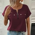 thumbnail image 2 of Kaemgyyd Spring Tops for Women Loose Zip Front V-Neck Short Sleeve Rolled up Blouse Summer Button Work Casual Shirt, 2 of 7