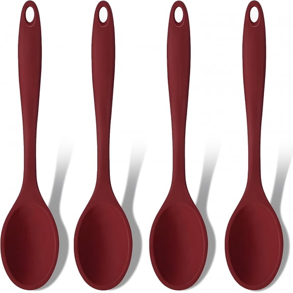 BPPEG Silicone Cooking Spoons,4 Pieces 11" Heat Resistant Silicone Kitchen Utensils Set Large Serving Stirring Spoons for Non Stick Cooking,Mixing,Basting,Baking,Red