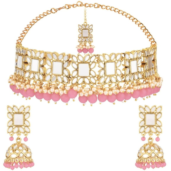 Efulgenz Indian Jewelry Set Crystal Choker Necklace Jhumka Earrings Maang Tikka Head Chain Bollywood Wedding Bridal Jewelry for Women, Pink