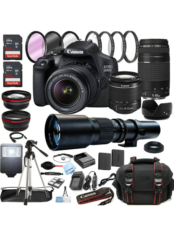 Canon EOS 2000D / Rebel T7 DSLR Camera w/18-55mm + 75-300mm Zoom Lenses + 500mm Preset Lens + 128GB Memory + Case + Tripod + Filters -38pc Bundle
