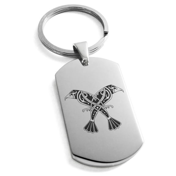 Stainless Steel Huginn & Muninn Odin's Twin Ravens Engraved Dog Tag Keychain Keyring