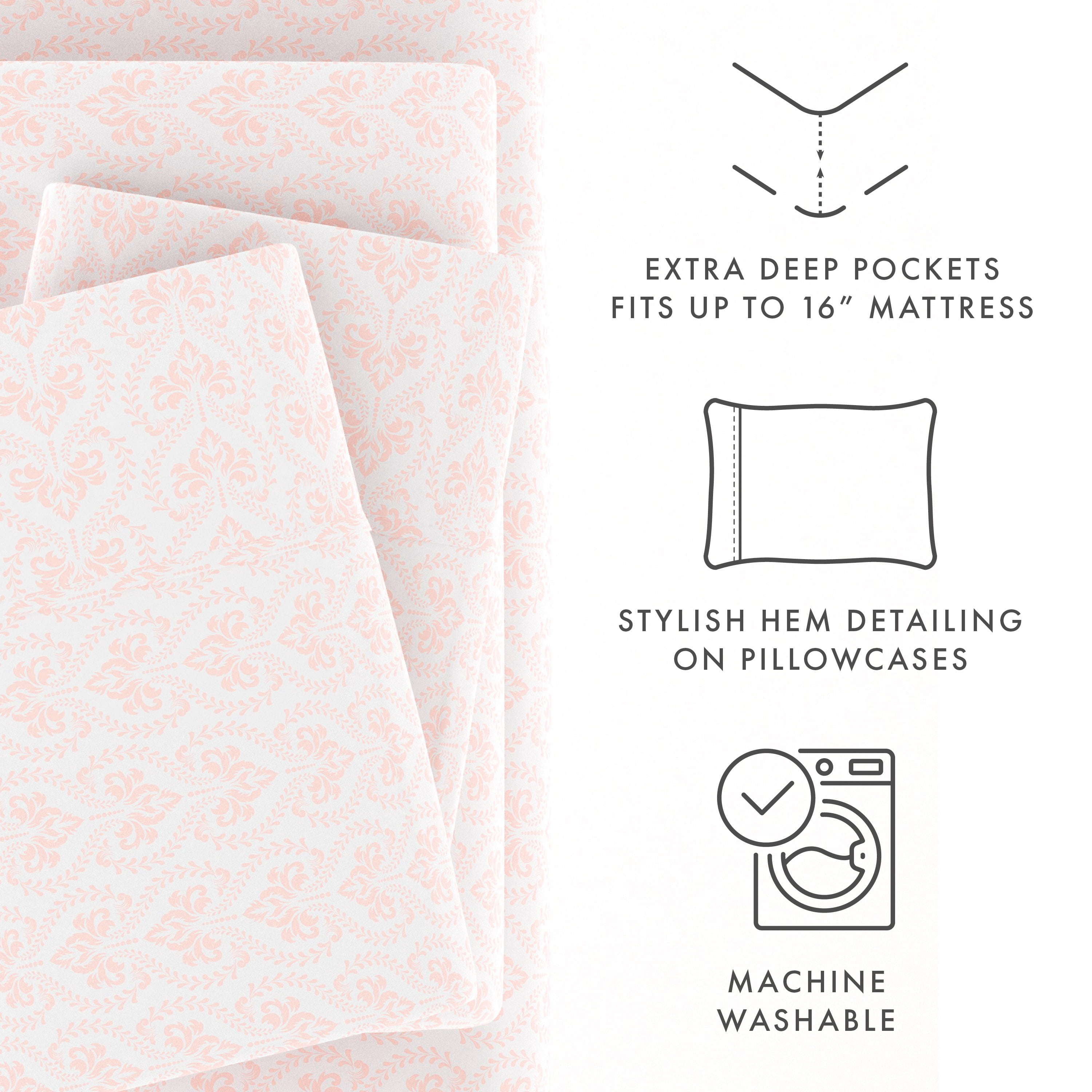 Noble Linens 4 Piece Pattern Microfiber Bed Sheets Set, Pink Classic in Pink, California King