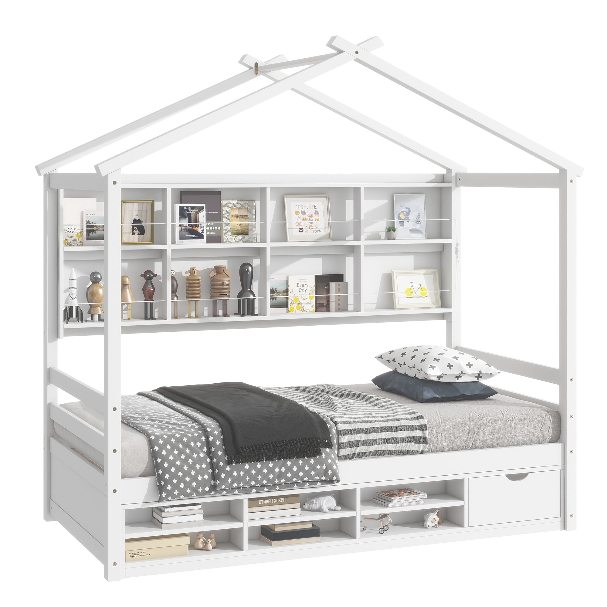 PORKISS Twin House Bed, Wood Platform Bed with Roof Frame and Beside-Shelves, Modern Montessori Toddler Bed with Under Bed Storage Unit for Kids, No Box Spring Needed, White