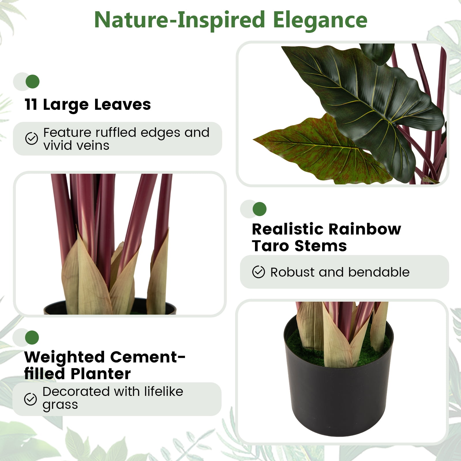 Gymax Artificial Rainbow Taro Tree 63'' Tall Fake Pre-potted Plant w/ 11 Faux Leaves