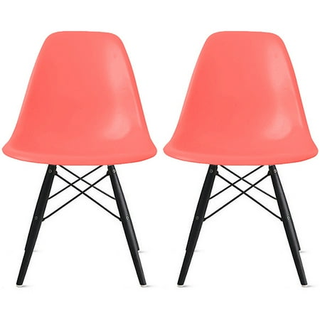 - 2xhome - Set of 2 (Two) Pink - Eames Style Side Black Dark Wood Legs Eiffel Dining Room Chair - Lounge Chair No Arm Armless Less Chairs Seats Molded Plastic