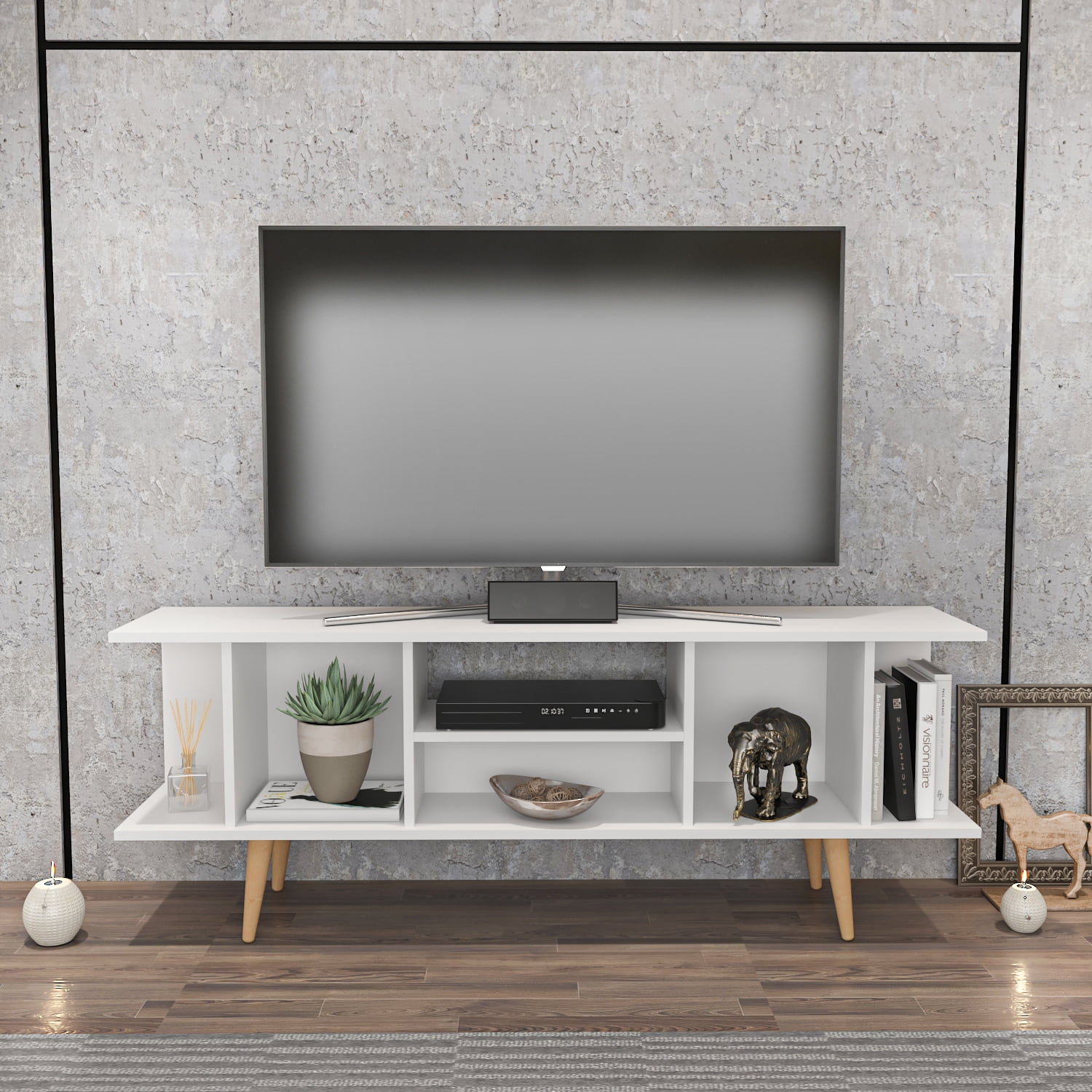 Akya 63" Modern Wood TV Stand for 65+ inch TV with Solid Wood Legs