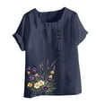 thumbnail image 5 of HOMBOM Shirts for Women Summer Button Plus Size Crewneck Short Sleeve Cotton Linen Navy Loose Ladies Blouse Floral, 5 of 5