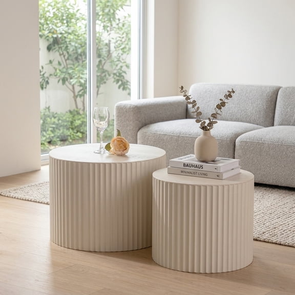 Beige Nesting Coffee Table Set of 2 - Modern Drum Style with Embossed Stripe Design