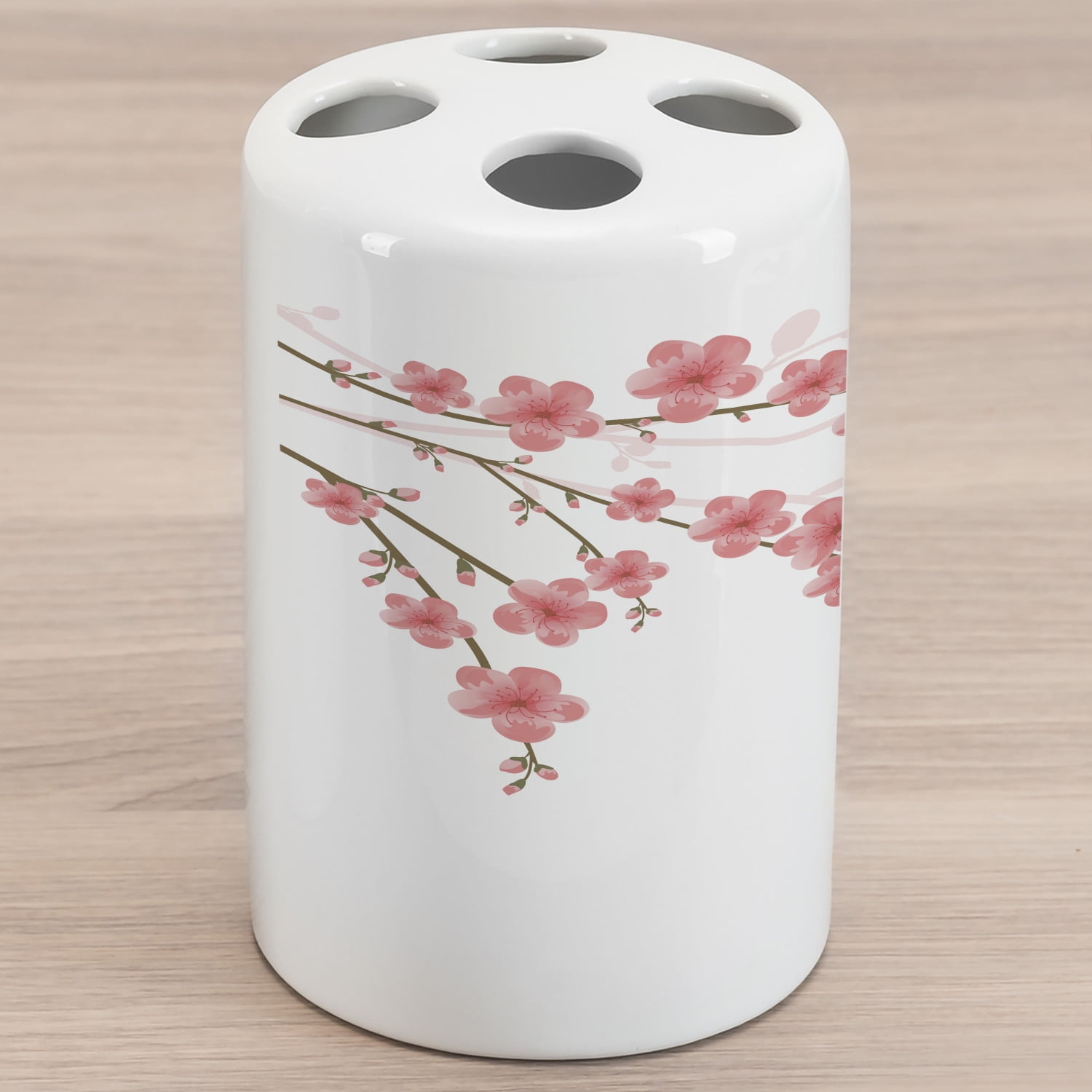 Floral Ceramic Toothbrush Holder, Cherry Blossom April Springtime Romantic Feminine Illustration Art Soft Colors, Decorative Versatile Countertop for Bathroom, 4.5' X 2.7', Pink Green, by Ambesonne