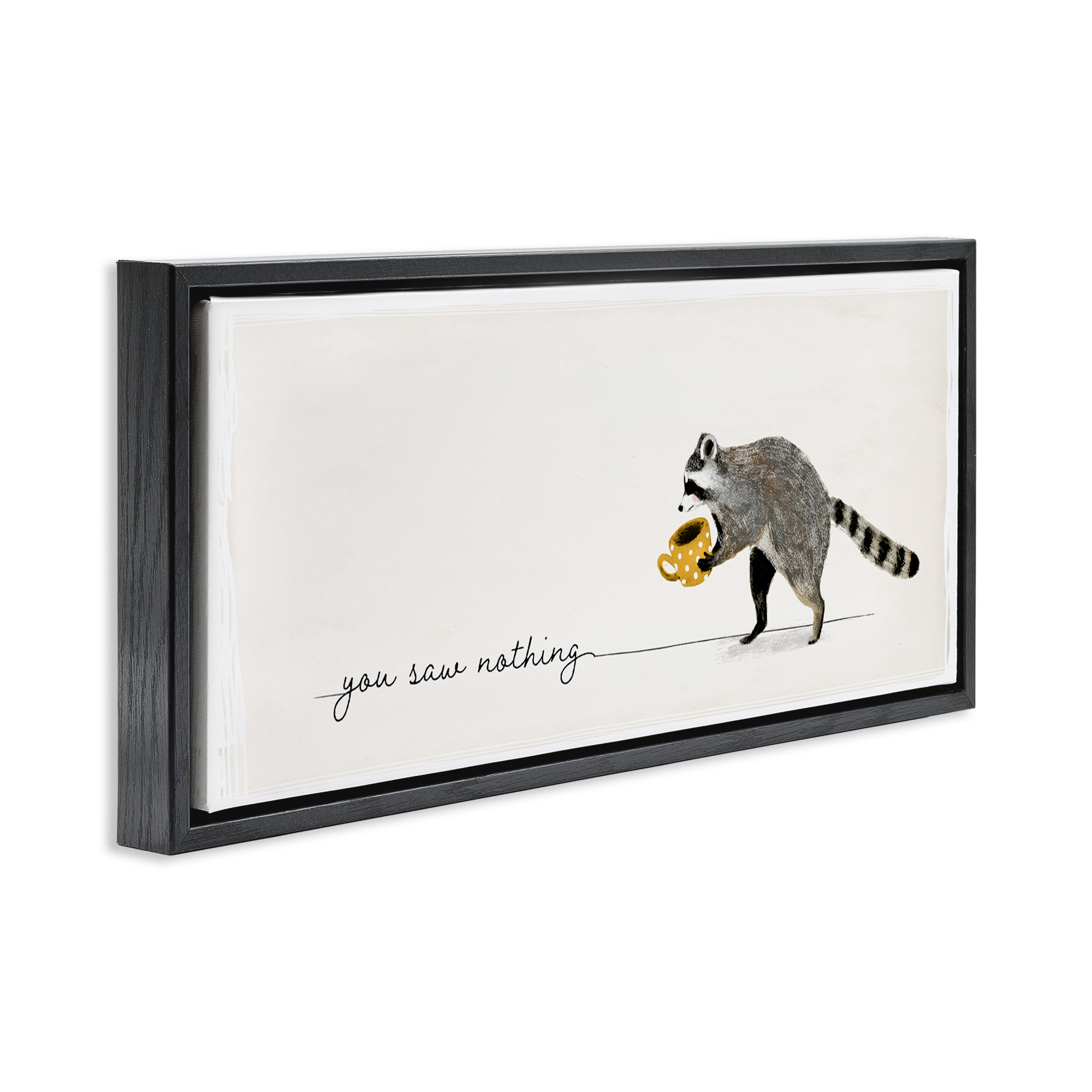 Stupell Industries You Saw Nothing Raccoon & Coffee Animals & Insects Painting Black Floater Framed Canvas Art Print Wall Art, 31 x 14