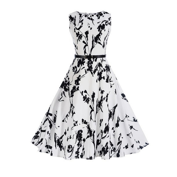Gibobby Vestido Causal para Mujer de Verano moda estilo retro tutú redondo sin mangas fondo vestido estampado negro(Blanco,G)