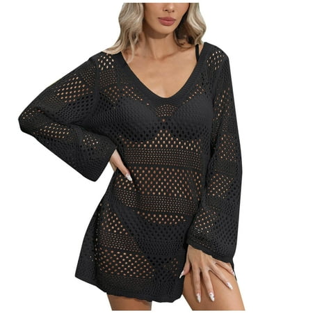 Crochet Cover Up for Women Swimsuit Summer Bathing Suit 2024 Swim Hollow Out Bikini Swimwear Mesh Knit Beach Dress Black Free Size