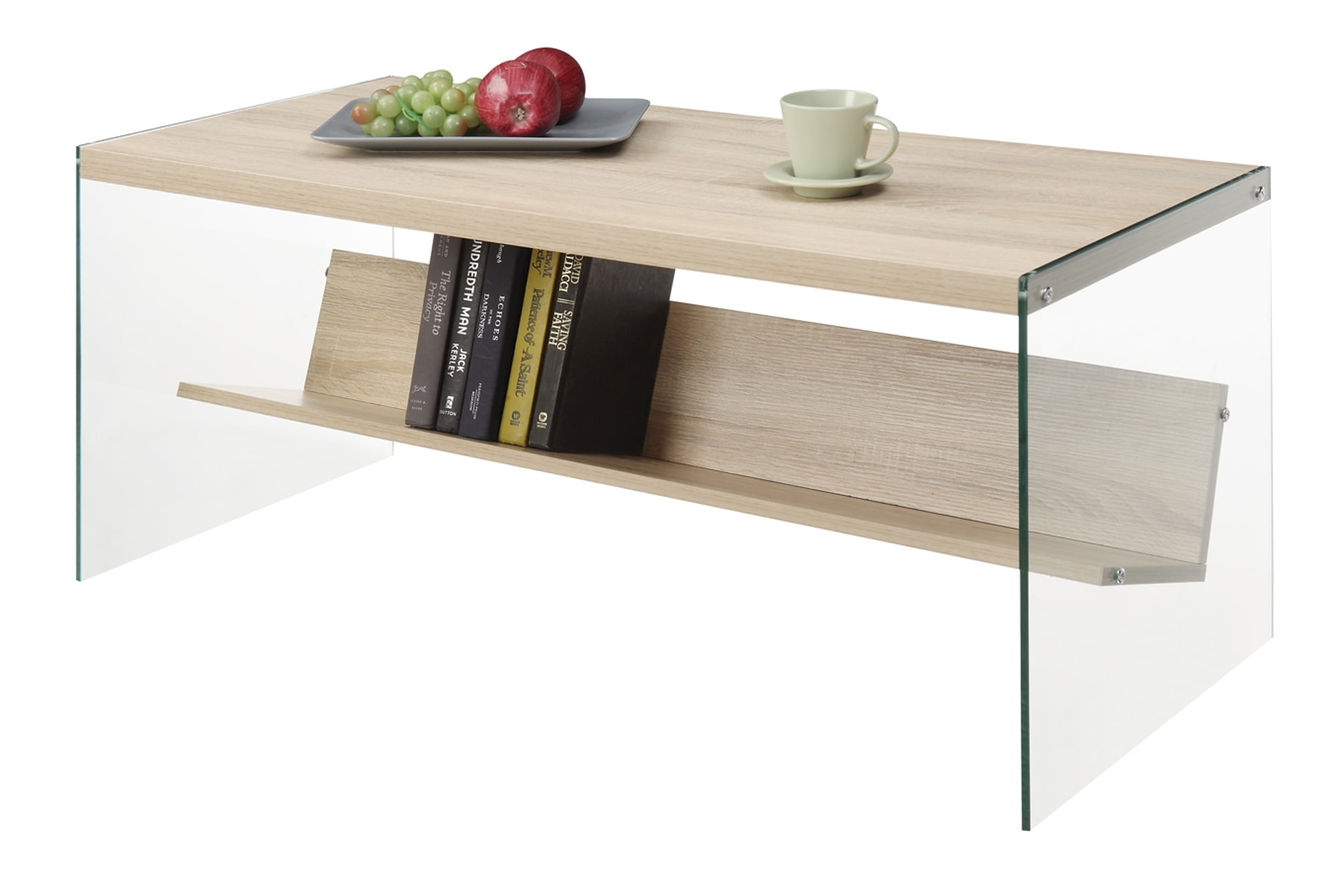 Convenience Concepts SoHo Glass Coffee Table with Shelf, Weathered White/Glass