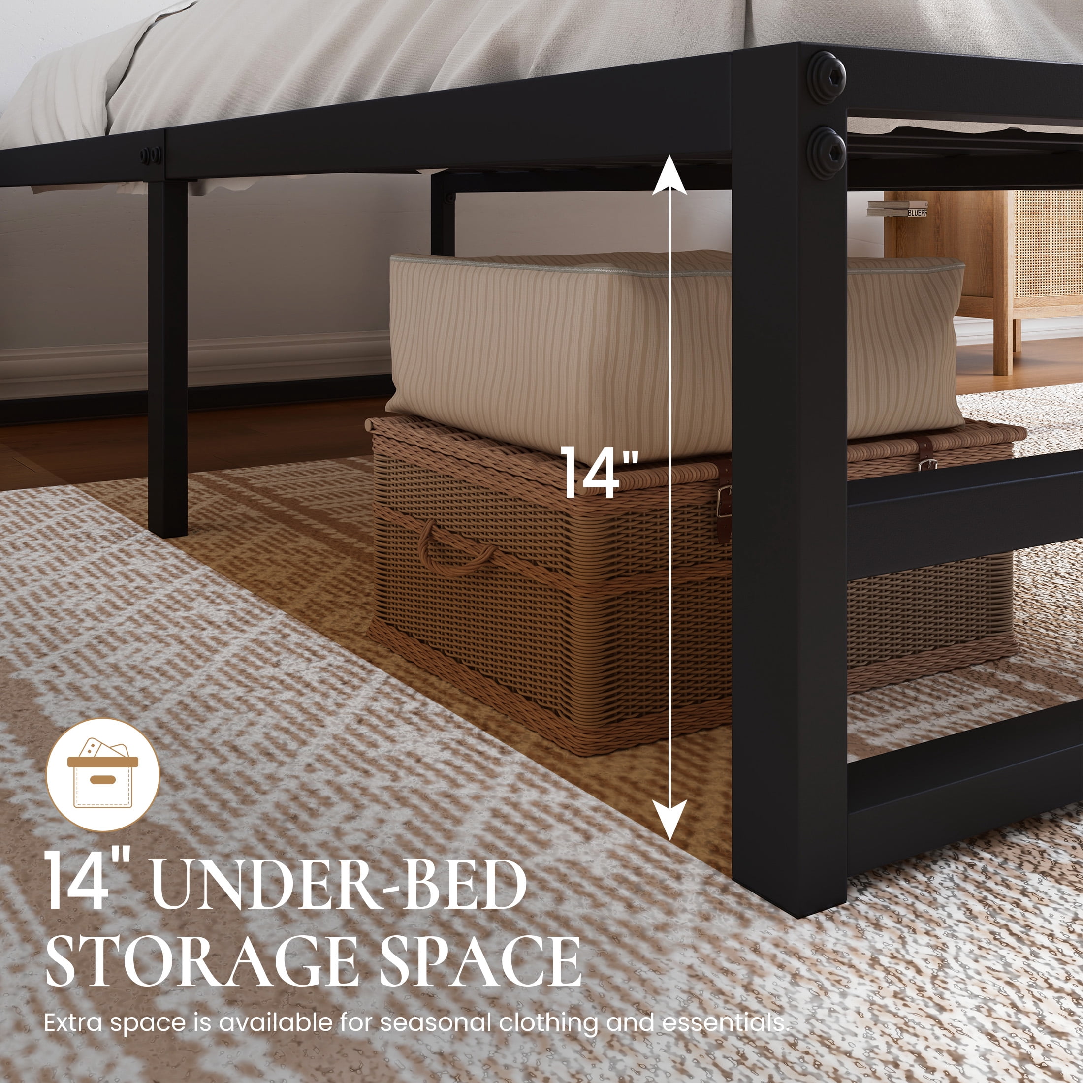 SHA CERLIN Queen Size Metal Platform Bed Frame with 14'' Extra Under-bed Storage Space, No Box Spring Needed, Easy Assembly, Black